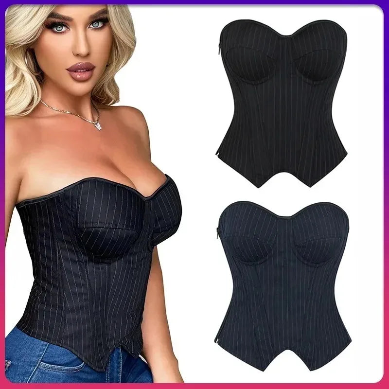 Bestseller Women's Striped Blazer with Built-in Underwire Bra, Side Zipper & Boned Corset Design - Slim Fit Fashion Jacket
