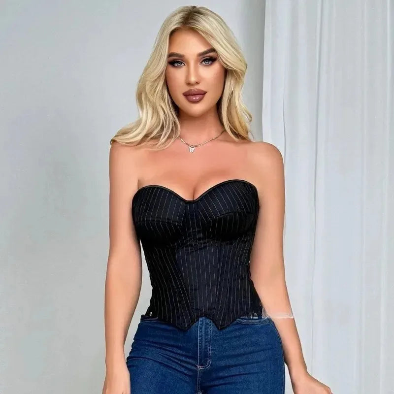 Bestseller Women's Striped Blazer with Built-in Underwire Bra, Side Zipper & Boned Corset Design - Slim Fit Fashion Jacket