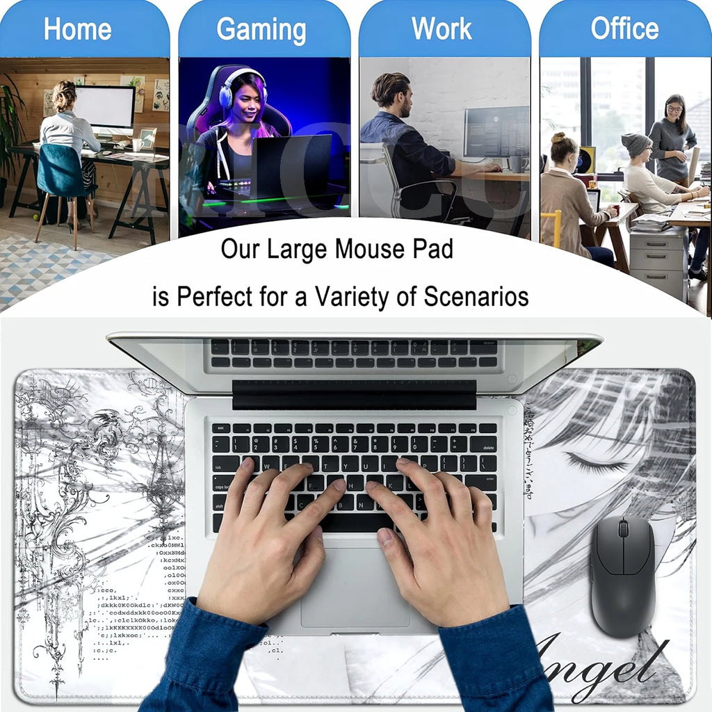 Anime Aesthetics Mousepad Black White Angel Mouse Pad Office PC Keyboard Desks Decort DeskMat Office Accessories E-Sports Carpet