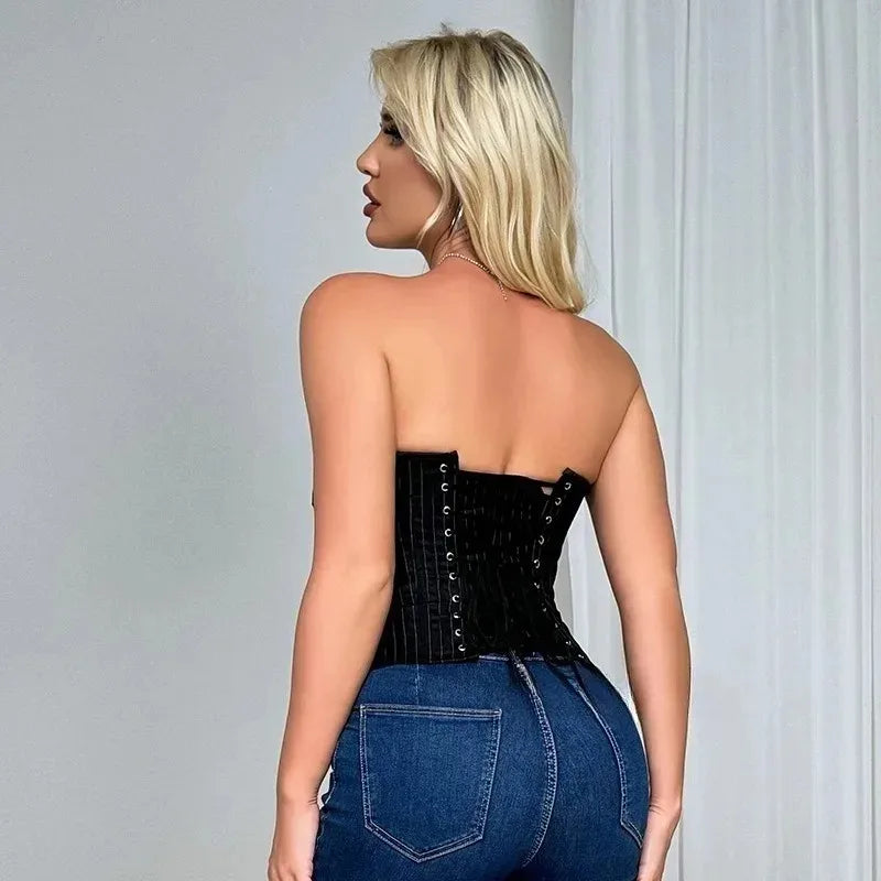 Bestseller Women's Striped Blazer with Built-in Underwire Bra, Side Zipper & Boned Corset Design - Slim Fit Fashion Jacket