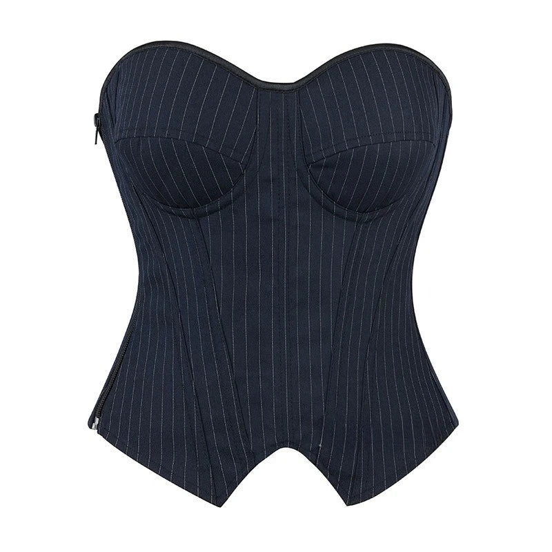 Bestseller Women's Striped Blazer with Built-in Underwire Bra, Side Zipper & Boned Corset Design - Slim Fit Fashion Jacket