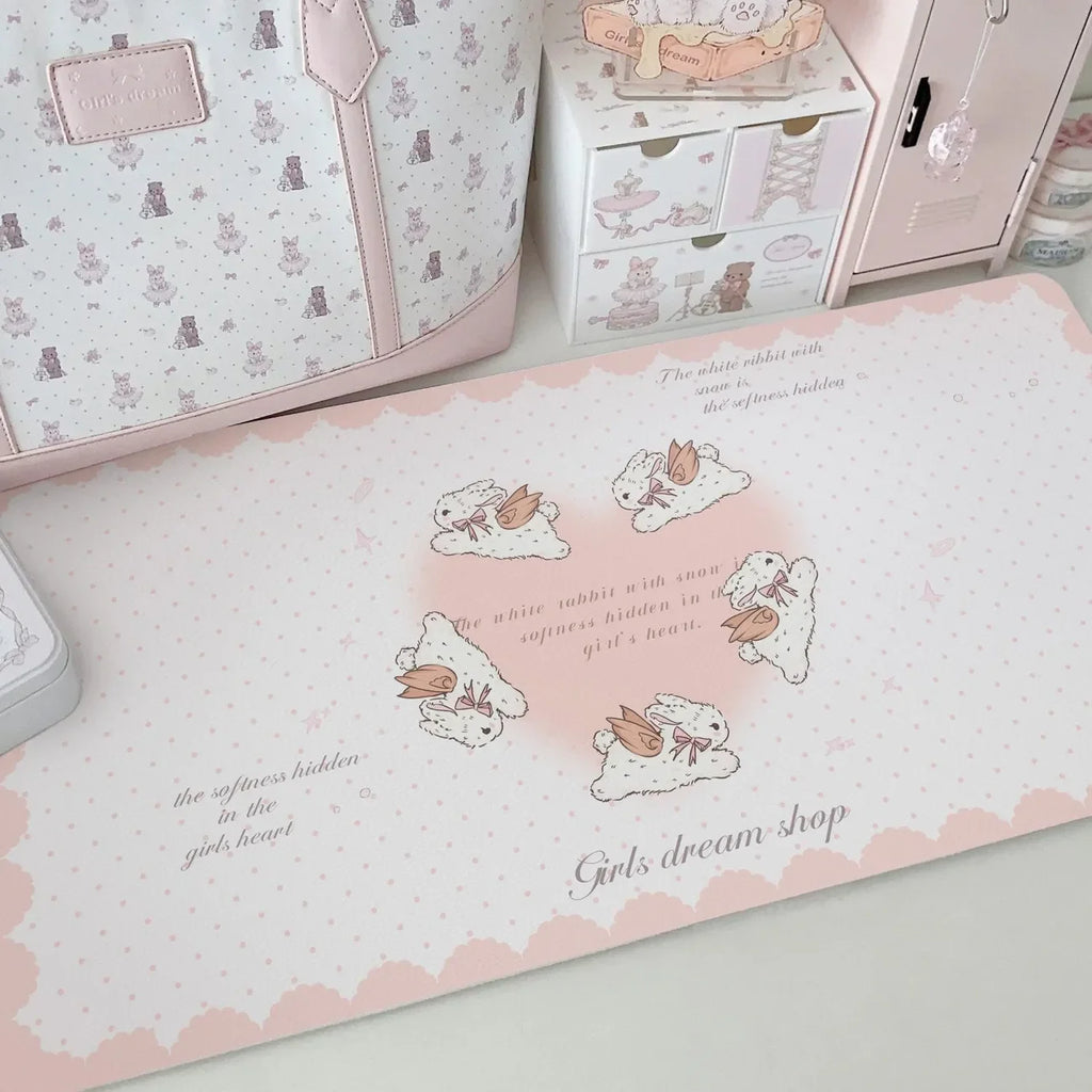Leather Desk Pad Protector Pink Bunny Gradient Rabbit Love Mouse Pad Office Desk Mat Waterproof Non-Slip PU Desk Blotter Pad