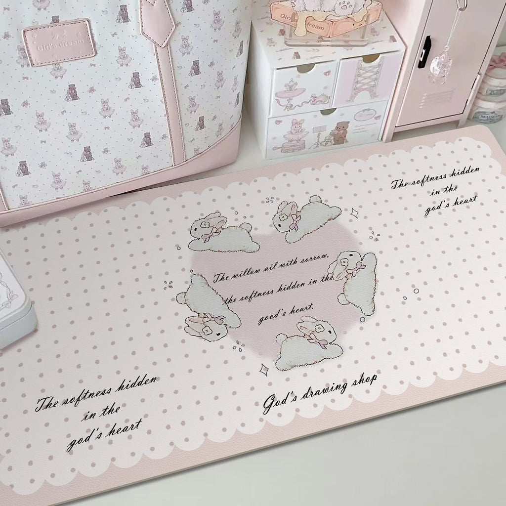 Leather Desk Pad Protector Pink Bunny Gradient Rabbit Love Mouse Pad Office Desk Mat Waterproof Non-Slip PU Desk Blotter Pad