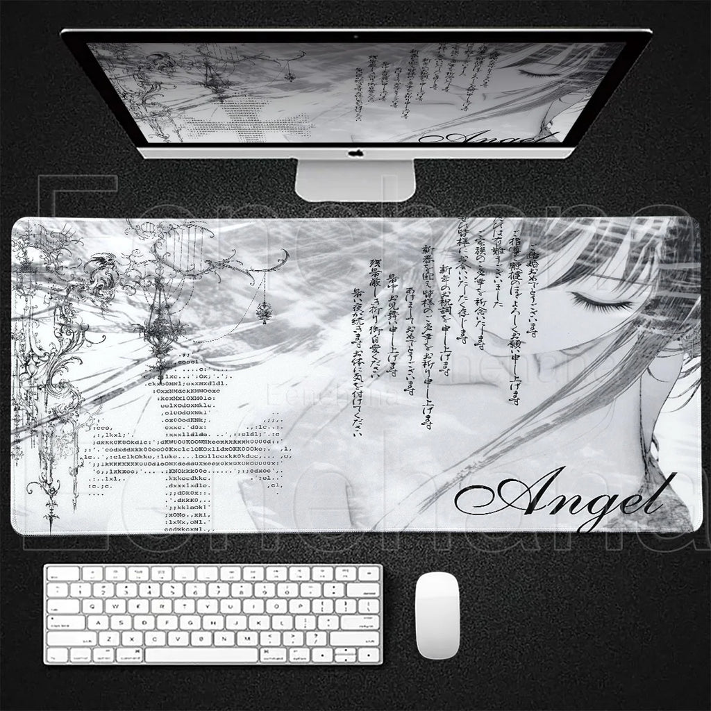 Black White Angel Mouse Pad Large PC Gaming Anime Pretty Girl DeskMat XXL Cartoon Laptop Keyboard Gamer Accessories Office Setup